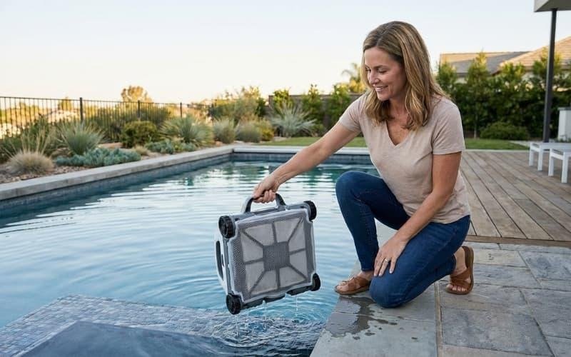 A homeowner easily handling a cordless robotic pool cleaner beside a residential pool